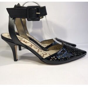 Sam Edelman Pointed Black Leather Floral Cutout Heels Women’s Size 6.5